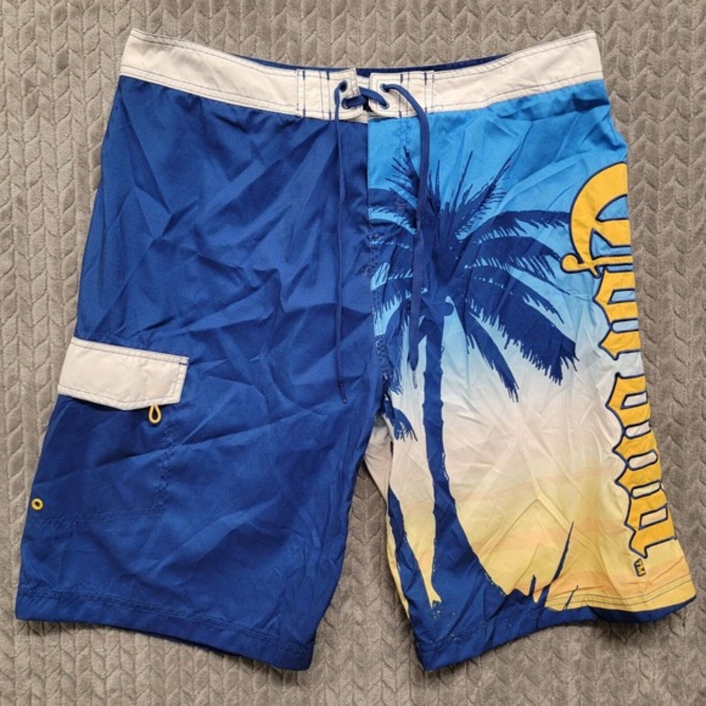 Corona Extra Board‎ Shorts Mens Size 38 Swim Trunks Blue Yellow Palm Tree